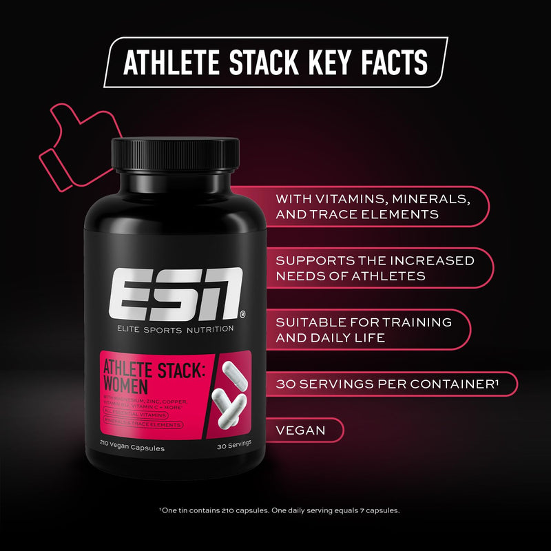 ESN Athlete Stack Women, 210 Capsules, Trace Elements and Minerals Capsules with Zinc, Magnesium and More 210 count (Pack of 1)