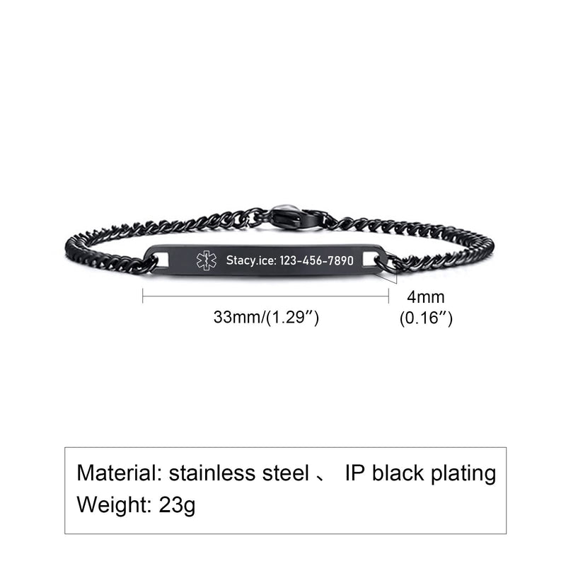 [Australia] - VNOX Medical Alert ID Bracelet - Mens Womens Stainless Steel ID Tag Medical Alert Emergency Bracelet,7.2/8/8.4 Inches epilepsy Width 4MM-Black-7.5 Inches 