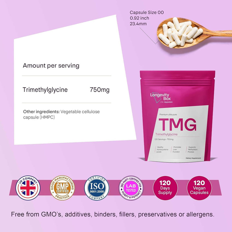 TMG 750mg – 120 Capsules | 99% Pure Trimethylglycine (Betaine) | Supports DNA Methylation, Liver & Heart Health | Vegan, Non-GMO 120 count (Pack of 1)