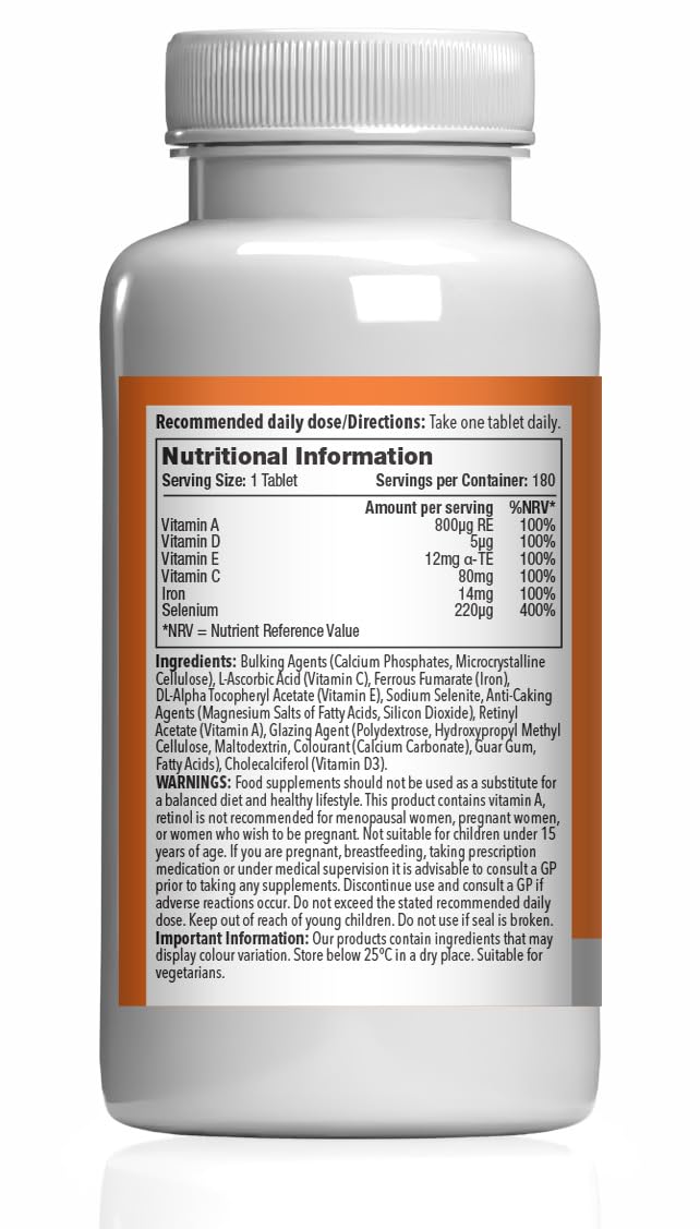 Selenium with Vitamins A, C, D, E & Iron | Supports Healthy Hair, Nails & Immune Function | 360 Tablets (180 + 180) = 12 Months’ | Manufactured in The UK in Accordance with GMP Standards. Unflavoured 180 count (Pack of 2)