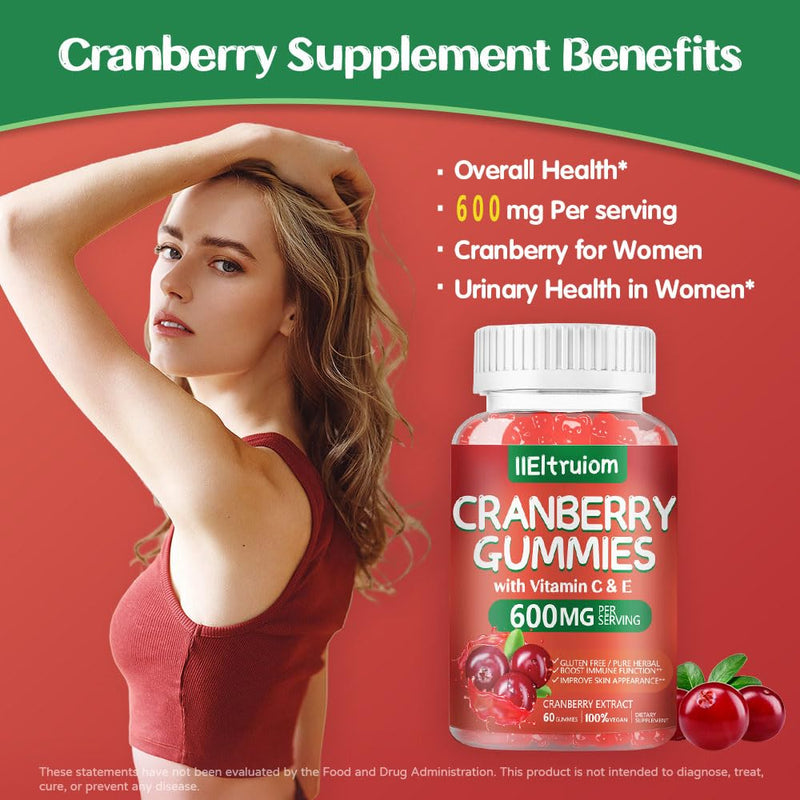 Cranberry Gummies 600mg with Vitamin C & E, Hibiscus Blend, Sugar Free | 60 Chewable Gummies with No Artificial Colors, Flavors, or Added Sugars 1
