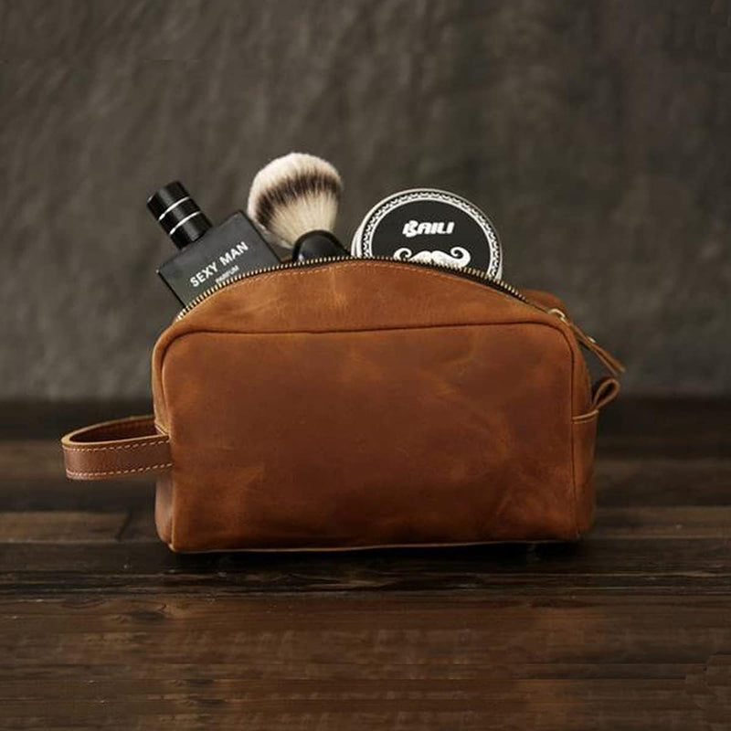 Toiletry Bag for Men or Women, Full Grain Leather Handcrafted Dopp Kit, Vintage Travel Leather Toiletry Travel Pouch, Large Cosmetic Bathroom Travel Shaving Bag, Fully Lined with Cotton Fabric Medium Brown