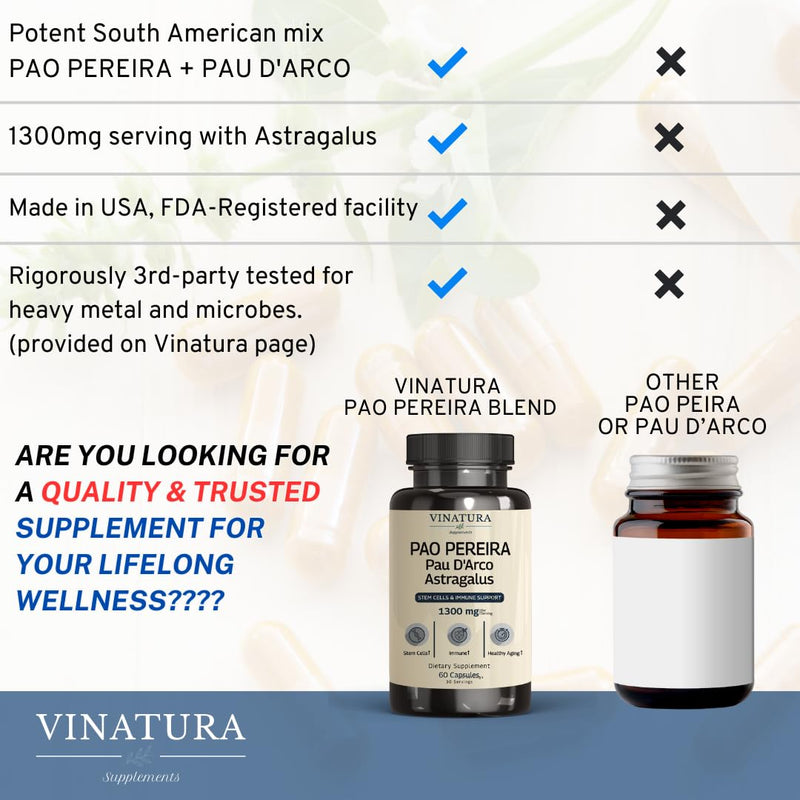 [Australia] - Pao Pereira + Pau D'Arco, Astragalus - 1300MG SERVING, USA Made & Tested, Stem Cells and Immune support, 60 Capsules 