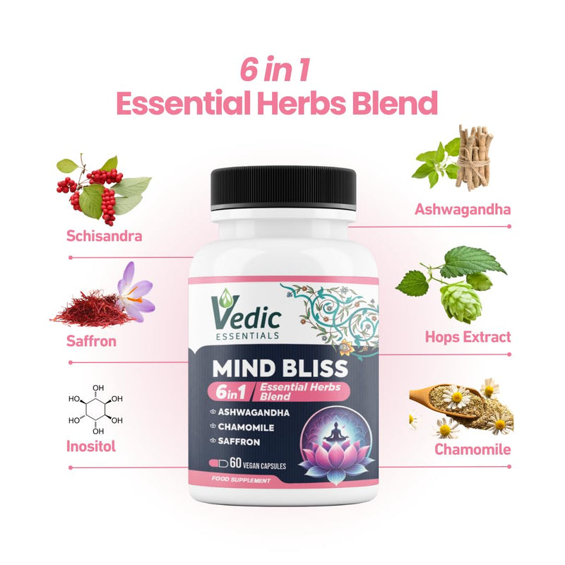 Vedic Mind Bliss- Stress Relief & Sleep Aid | 6-in-1 Ashwagandha Complex +Chamomile +Saffron & More | High Strength Ashwagandha | Anxiety Relief, Calming, Mood Lift | 60 Vegan Capsules 60 count (Pack of 1)