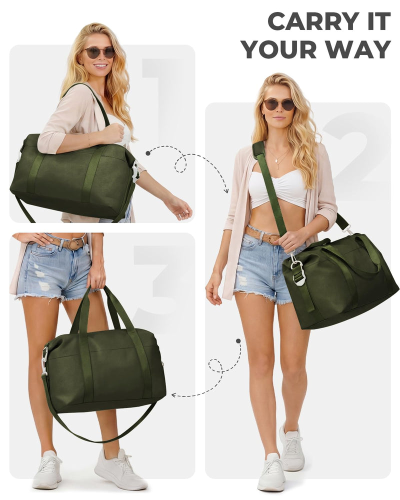 Percover Weekender Travel Duffel Bag for Women, Lightweight Soft-Structure 33L Carry-On, Water-Resistant Nylon with Shoulder Strap & Trolley Sleeve, Personal Item Friendly, Olive Green