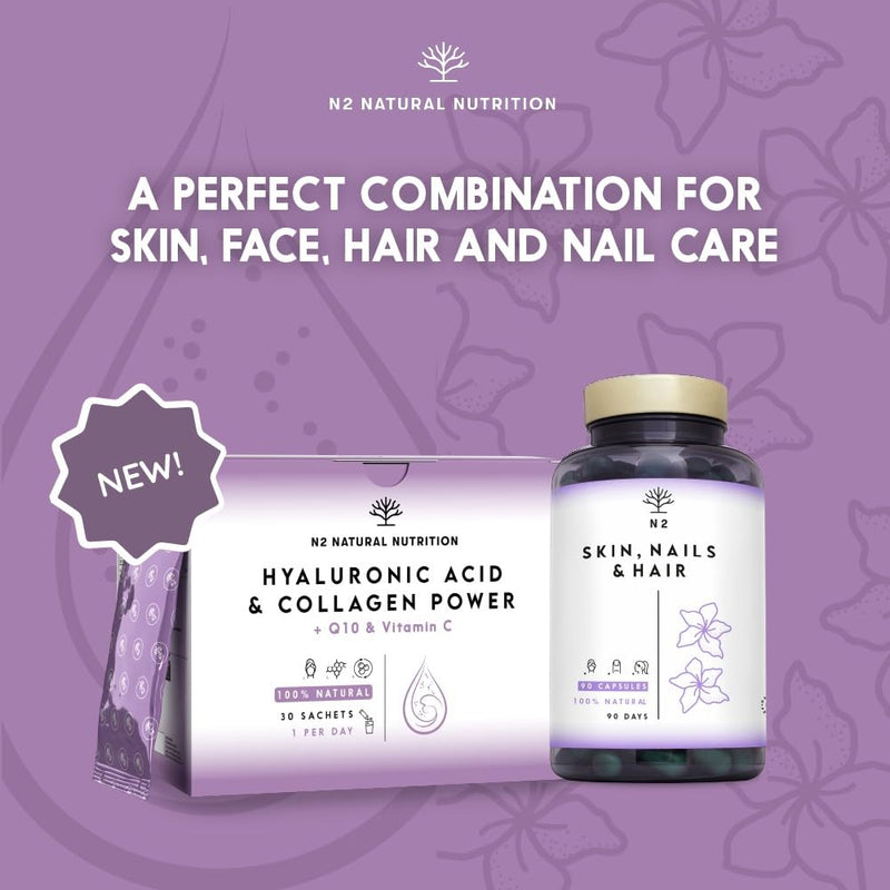 Hyaluronic Acid 120mg + Collagen 2500mg + Vitamin C + coq10. Collagen Supplements for Women. High Dosage. Blueberry Flavour. Reduces Wrinkles, Moisturises and Rejuvenates. N2 Natural Nutrition Hyaluronic Acid & Collagen Power (sachets)