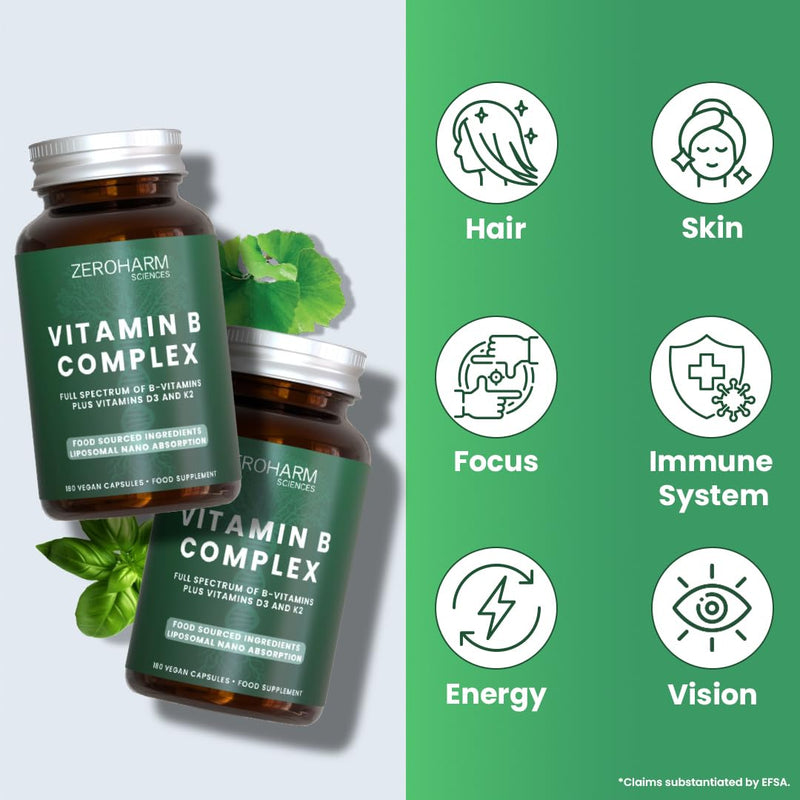 ZeroHarm Vitamin B Complex with D3 & K2 – Plant-Based B1–B12 from Guava & Spirulina – Energy, Nervous System & Heart Support – Powered by Real Food Ingredients – 180 Vegan Capsules
