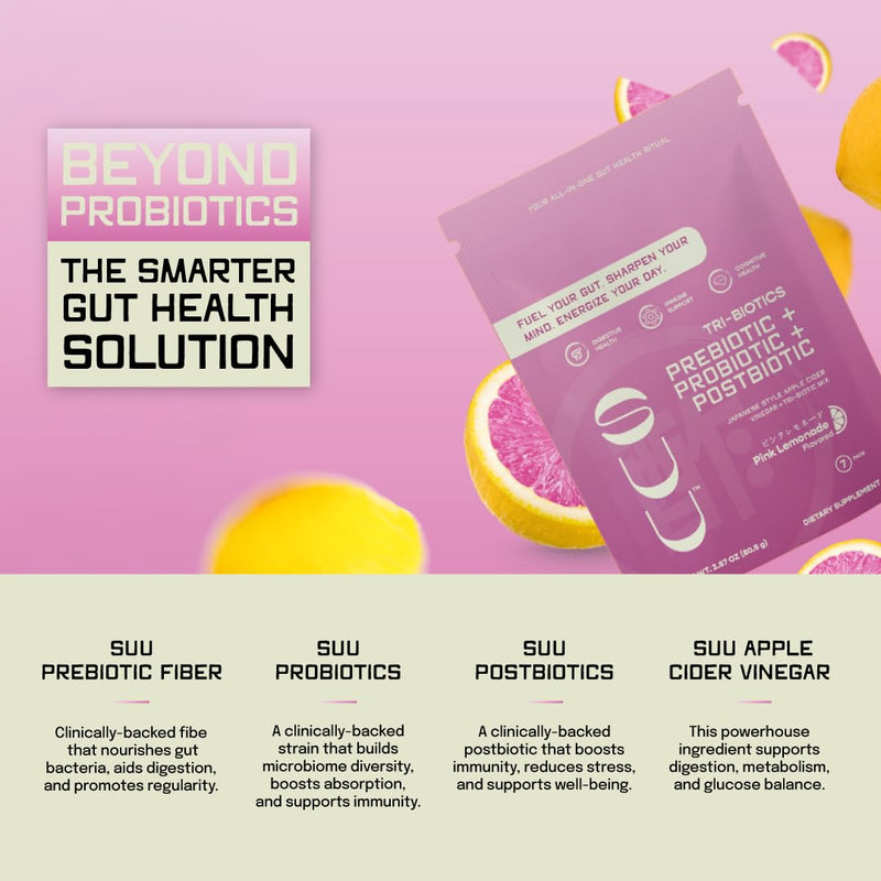 SUU Tribiotics - Prebiotic & Probiotic Drink Mix Packets for Gut Health & Digestive Health | Cutting Mix, Daily Probiotic & GLP1 and Immunity Supplement | Pink Lemonade (7-Pack)