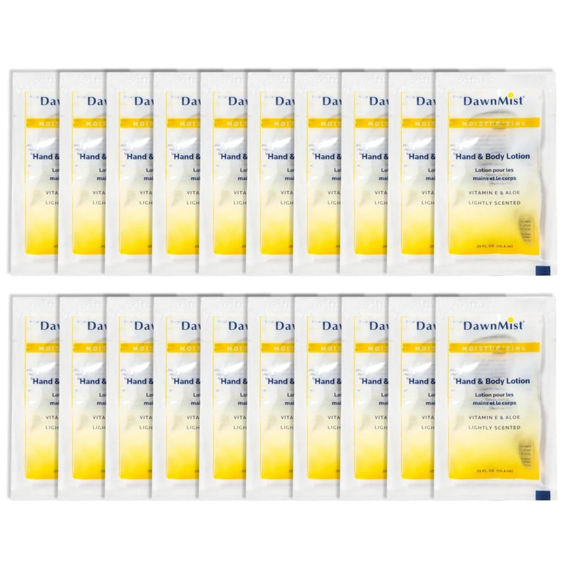 DawnMist Dukal Moisturizing Lotion - 20 Pack, Hand & Body, Aloe & Vitamin E, Coconut Fragrance, 0.35 oz Single-Use, Alcohol-Free 0.35 Fl Oz (Pack of 20)