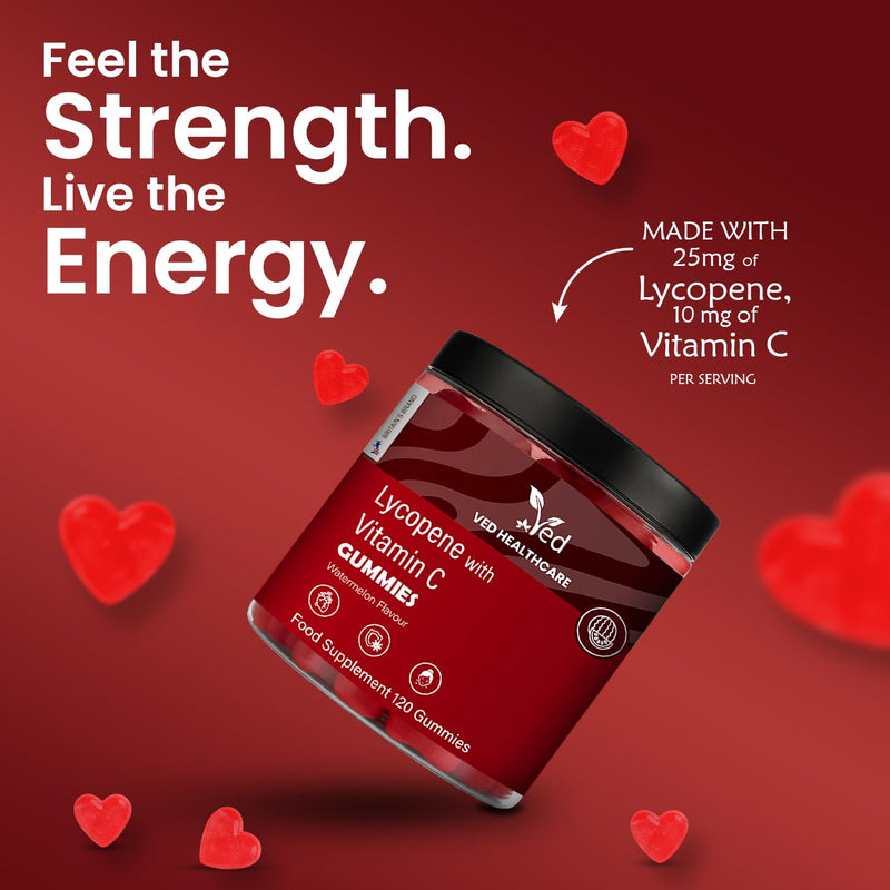 VED Lycopene Watermelon Flavour Gummies for Men & Women – Powerful Antioxidant for Skin & Vision Support, Plant-Based, Vegan, Non-GMO, 120 Count Daily Gummy Chews