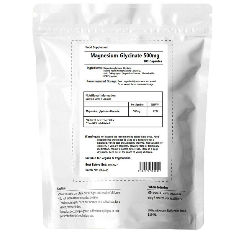 UKHealthHouse Magnesium Glycinate 500mg Supplements as Bisglycinate, Vegan Capsules, High Absorption/Bioavailability - 100mg Elemental Magnesium - UK (180 Pack) 180 count (Pack of 1)