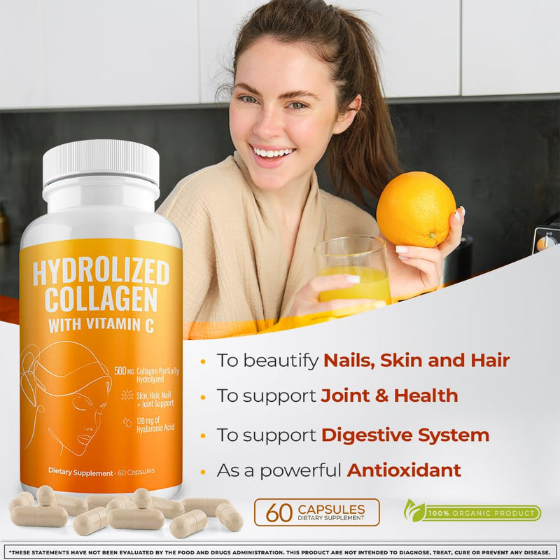 Aura Vitamin Hydrolyzed Collagen with Vitamin C Capsules 500mg Great Energy | Skin, Hair and Nail Support | Hyaluronic Acid Pills - 60ct (2) 2