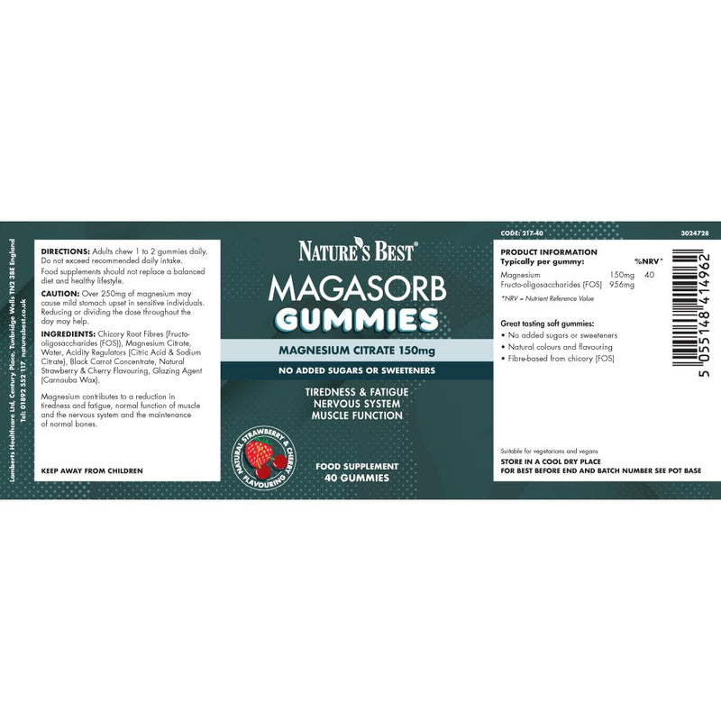 Nature’s Best Magasorb Magnesium Citrate Gummies - for the Reduction of Tiredness & Fatigue - Muscle & Bone Support - Strawberry & Cherry Flavour - 40 Gummies (40 Day Supply)