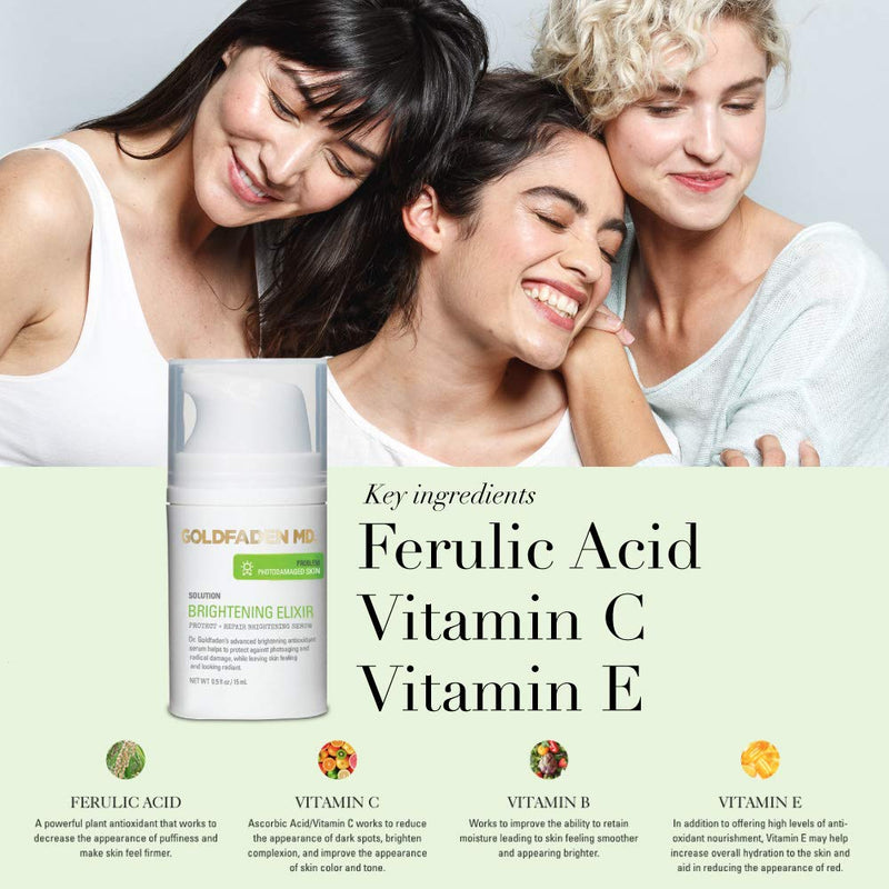 Goldfaden MD Brightening Elixir Serum, .5 fl oz | Vitamin C and ferulic acid serum to soften the look of photoaging for glowing skin. 0.5 Fl Oz (Pack of 1)