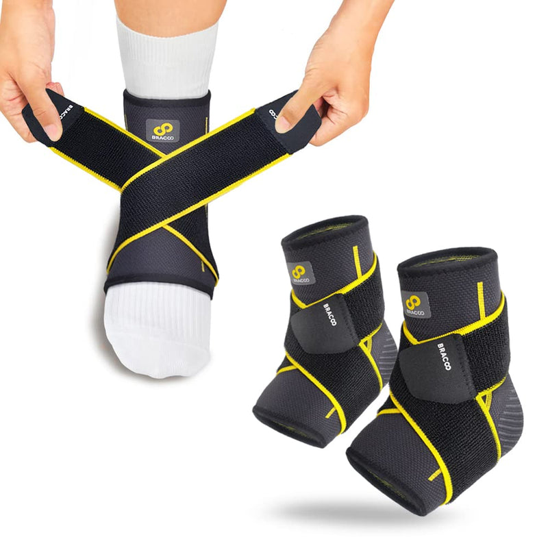 [Australia] - Bracoo FS60 Ankle Brace Pack of 2, Adjustable Ankle Bandage, Professional Ankle Brace for Plantar Fasciitis, Arthritis, ACL, Joint Pain, Heel Spurs, Black, S/M S/M 