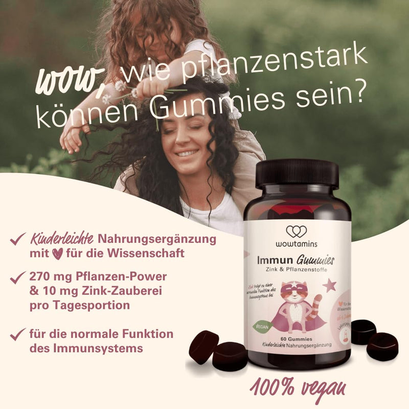 [Australia] - wowtamins Immune Gummies - Zinc & valuable plant extracts for the immune system (30-day supply) - Dietary supplement with elderberry, ginger & more - Vitamin Gummies for children & adults 60 pieces (pack of 1) 