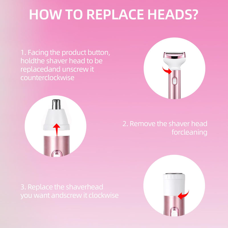 [Australia] - Wet & Dry Electric Razor for Women Body Razors 4-in-1 Facial Hair Remover Electric Shaver and Facial Hair Remover Painless Ladies Body Razors for Nose Face Body Leg Bikini Arm Hair 