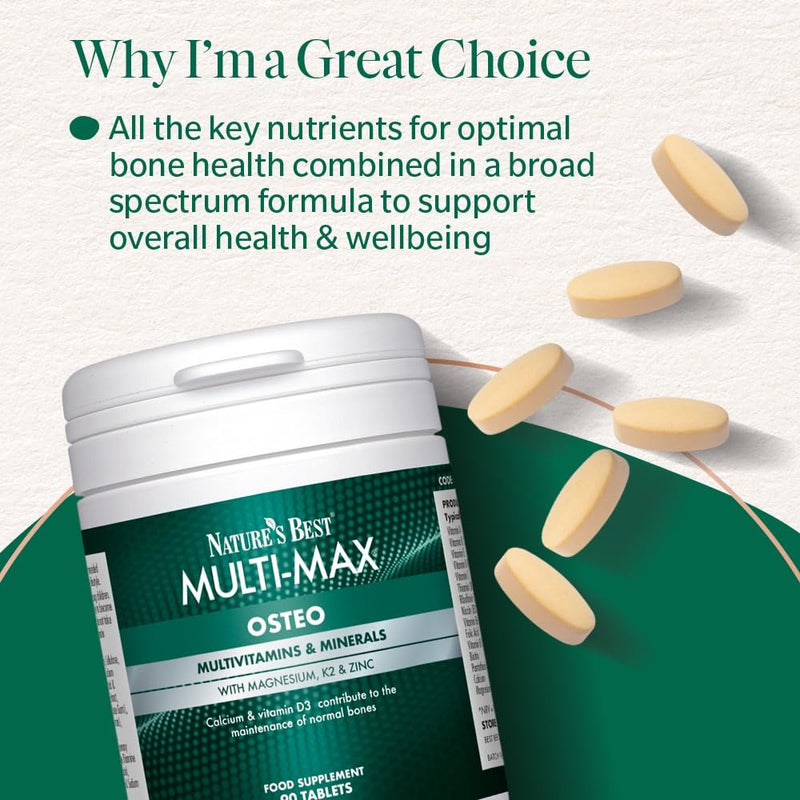 Nature's Best Multi-Max Osteo Multivitamin for Bones - with Vitamin C, D, Magnesium, Calcium - Comprehensive Bone Health Support - UK Made - 90 Tablets (Over 1 Month's Supply) 90 count (Pack of 1)