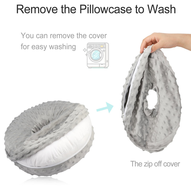 Ear Piercing Pillows with Washable Covers for Side Sleepping with an Holes Full Open Zipper CNH Pressure Sore Relief O-Shaped Cartilage Support Protector Cushion Minky Dot Grey