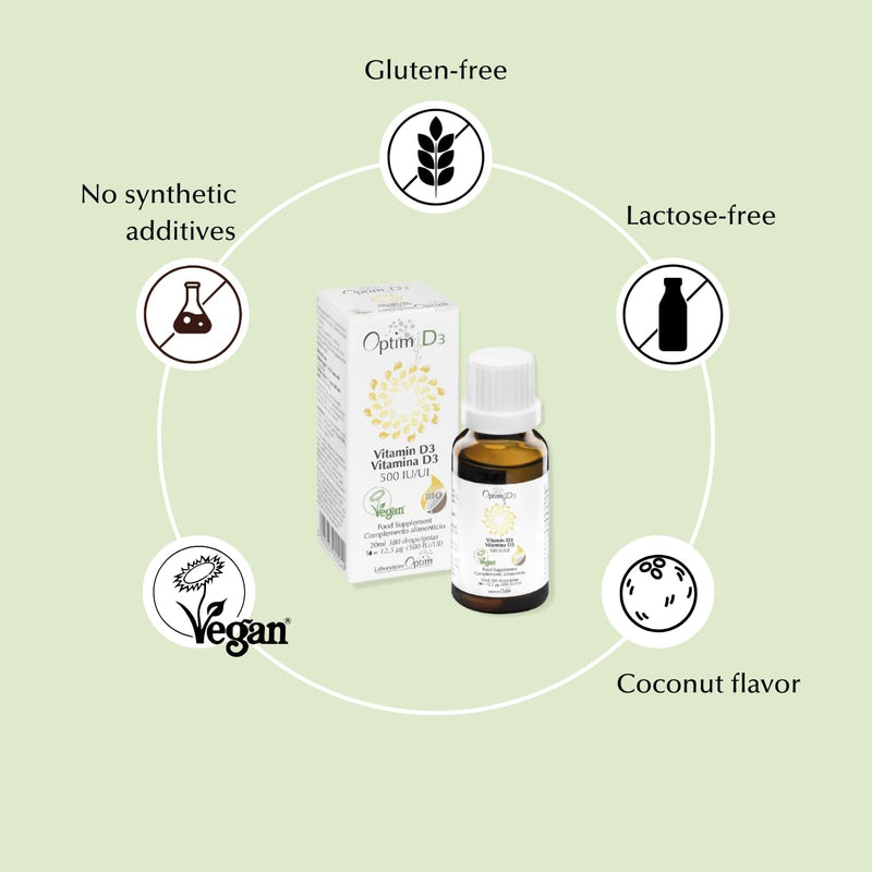 OPTIM D3 Plant-Based Vitamin D3 Supplement | Vitashine Vegan Vitamin D3 500 IU per Drop in Coconut Oil | for Children and Adults | High Strength | 380 Drops