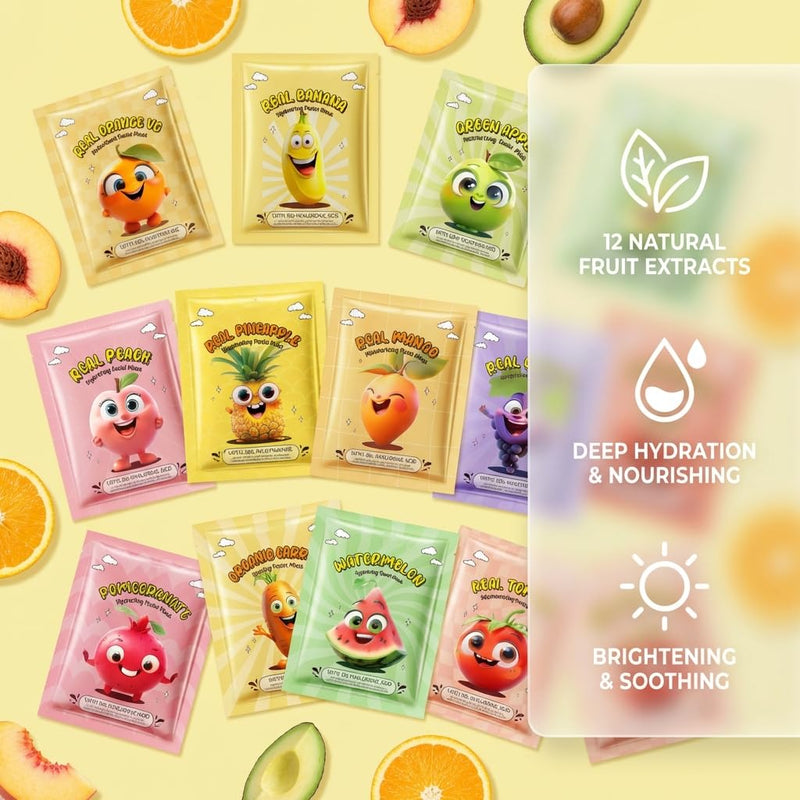 Fruit Face Masks, 12 Pack Face Masks Spa Set – Natural & Organic Hydrating Sheet Masks with Vitamin C, E for Brightening, Vegan Skincare Gift for Women/Men, Spa Day at Home