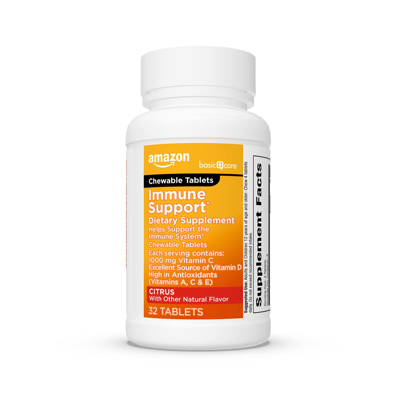 Amazon Basic Care Immune Support Citrus Chewable Tablets with Antioxidants, Vitamin D and Immune System Support, 32 Count 32 Count (Pack of 1)