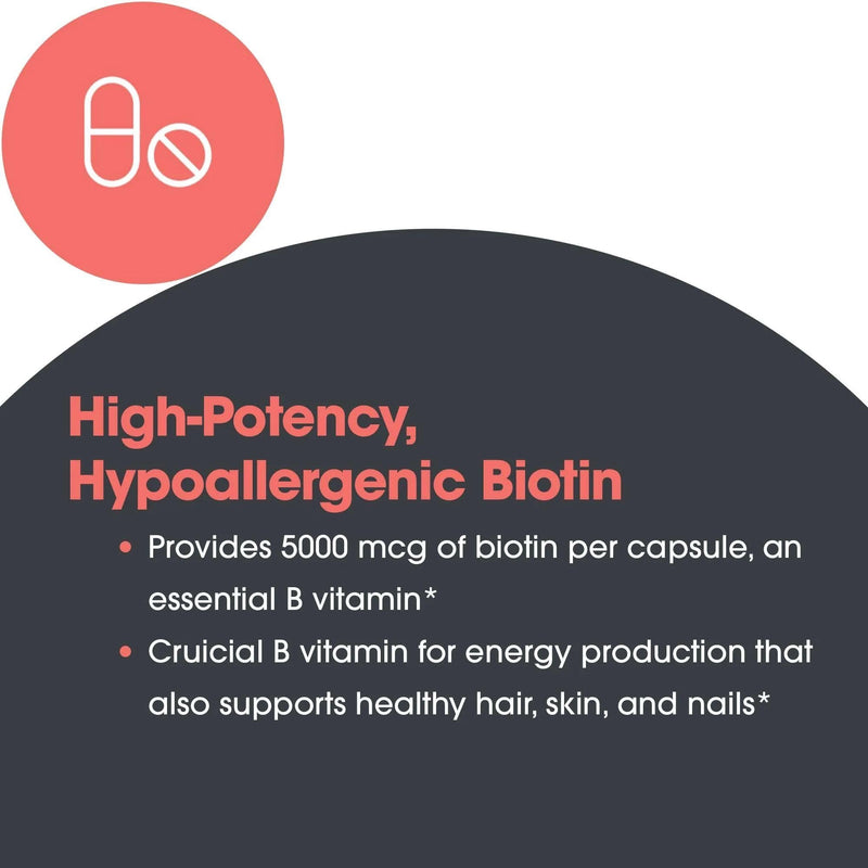 Nutricology Biotin 5000 mcg, Hair Skin and Nails, 60 Capsules | 5000 mcg Vitamin B Biotin for Metabolism, Energy Production and Hair, Skin and Nail Support, Gluten-Free, 60 Servings