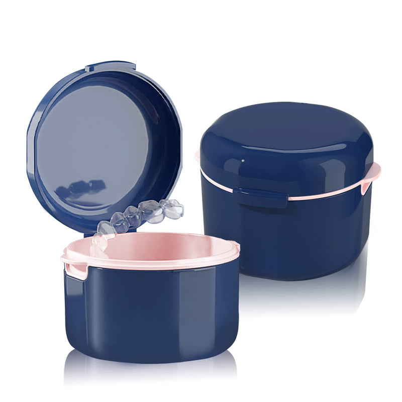 2 Pack Denture Case with Strainer Basket, Denture Cup, Retainer Case, Denture Bath Box, False Teeth Container for Travel Cleaning (Blue) Blue