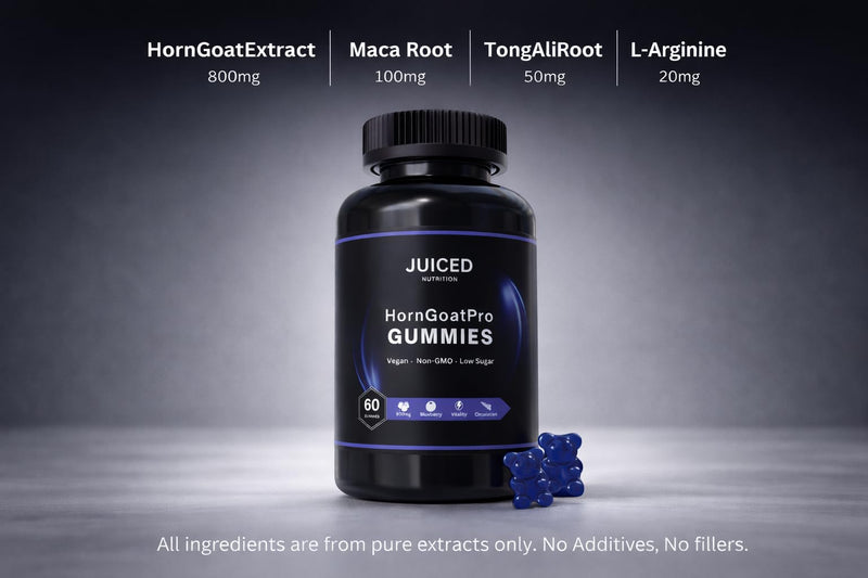HornGoatPro Gummies - 60 Gummies Blueberry Flavour - with Added TongAliExtract, Maca Root, L-Arginine for Maximum Effect - Vegan, Non GMO, Gluten Free and Low Sugar - for Vitality