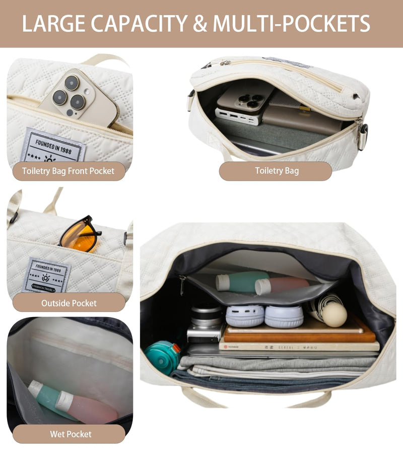 WFLB Travel Duffle Bag,Weekender Bags for Women with Shoe Compartment & Wet Pocket, Carry on Overnight Bag with Toiletry Bag, Gym Duffel Bag Hospital Bags for Labor and Delivery (Beige) Beige