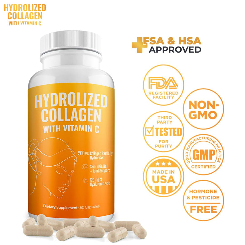 Aura Vitamin Hydrolyzed Collagen with Vitamin C Capsules 500mg Great Energy | Skin, Hair and Nail Support | Hyaluronic Acid Pills - 60ct (2) 2