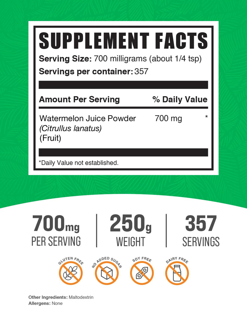 BulkSupplements.com Watermelon Juice Powder - From Watermelon Fruit, Watermelon Powder - Fruit Powder, Hydation Supplement - 700mg per Serving, 250g (8.8 oz) (Pack of 1) 8.8 Ounce (Pack of 1)