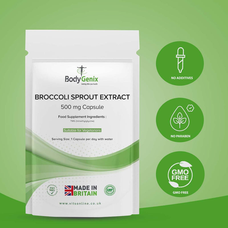 BodyGenix Broccoli Sprout Extract - 500mg Sulforaphane Capsules PMS Support Immune System Antioxidant Boost Natural Food Supplement - 240 Capsules 8 Month Supply
