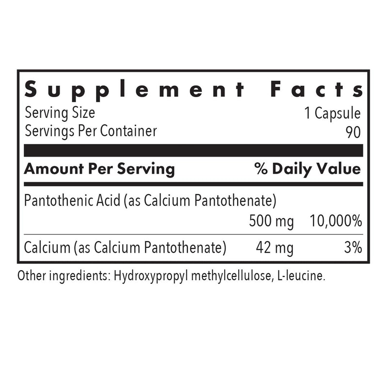 ARG Pantothenic Acid 500 mg Vitamin B5, Metabolic, 90 Count | 500 mg Vitamin B5 in Hypoallergenic Vegetarian Capsules for Metabolism and Adrenal Gland Support, 90 Servings
