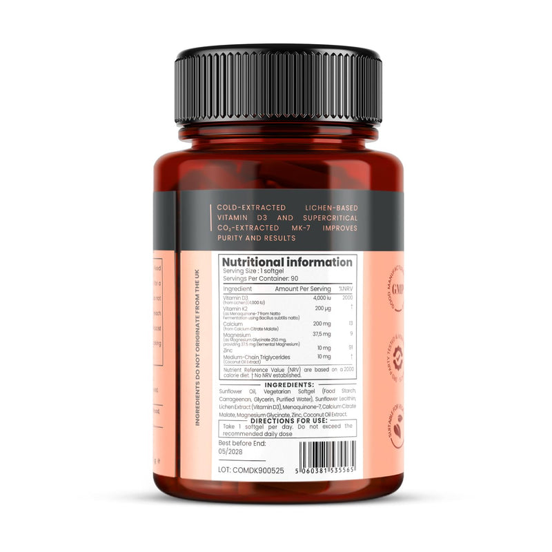 Double Strength D3 + K2 Complex x 90 Vegan Softgels – 4000 IU D3 + 200mcg K2 with Magnesium, Calcium & Zinc – 3 Months Supply 90 count (Pack of 1)