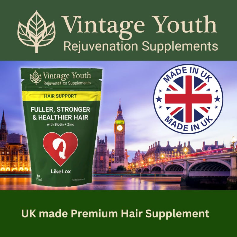LikeLox Hair Growth Supplement for Women & Men – Biotin, Zinc, Silica & Iron | Thicker Strands & Reduced Thinning Support | Vegan Vitamins for Regrowth, Strength & Volume | UK Made