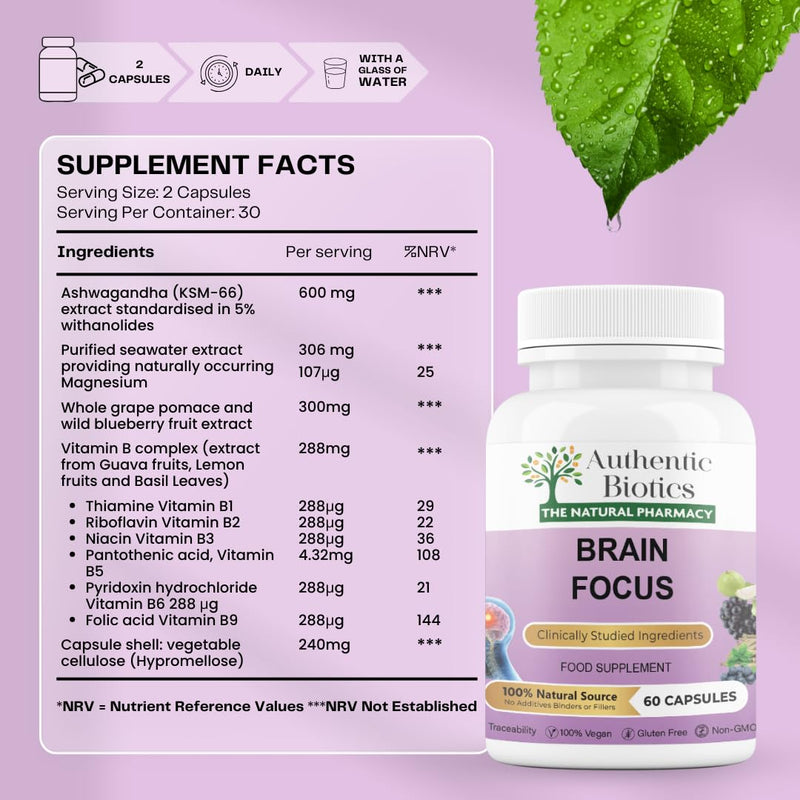 Brain Focus Supplement with Ashwagandha KSM-66 – Nootropic with B Complex & Magnesium | Energy, Memory, Focus & Mental Clarity | Vegan Cognitive Support | 60 Capsules 1