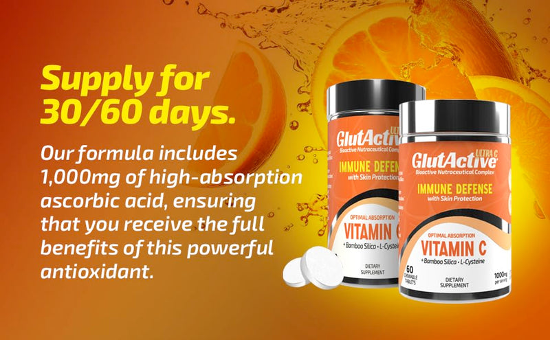 Ultra Vitamin C 1,000mg | Immune Support & Collagen Builder | High Absorption Ascorbic Acid with Cysteine & Bamboo Silica | Powerful Antioxidant | 60 Chewable Tablets (Pack of 1) (60)
