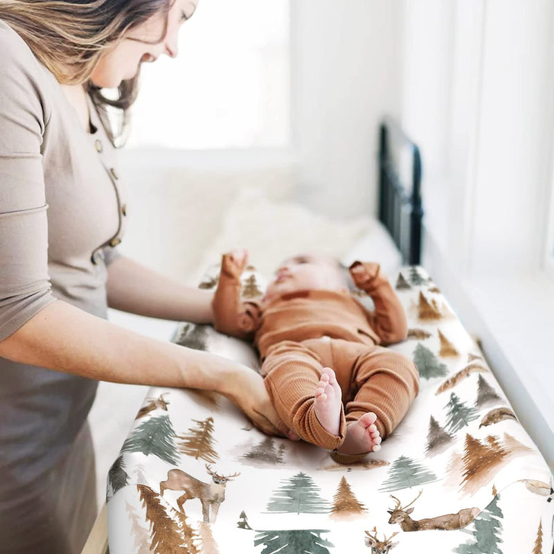 [Australia] - GRSSDER Stretch Ultra Soft Jersey Knit Changing Pad Cover Set 2 Pack, Change Table Pad Covers Fit 32"/34" x 16" Pads Safe and Snug, Stylish Jungle Deer Pattern for Baby Brown 