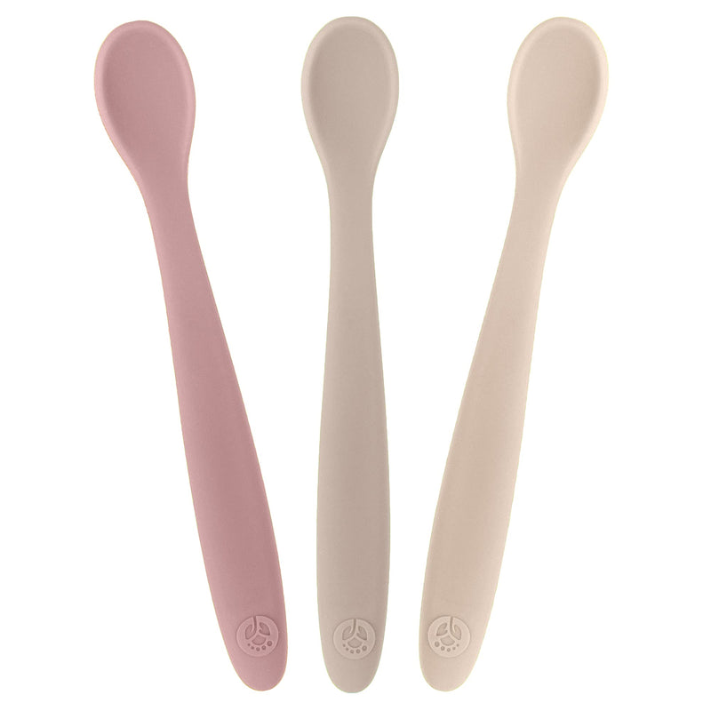 WeeSprout Silicone Baby Spoons - First Stage Infant Feeding Utensils With Soft-Tip, Bendable Kitchenware for Parent & Self-Feeding, Ultra-Durable, Dishwasher Safe, Travel Case, Set of 3 Matte Tan,Off White,Pink