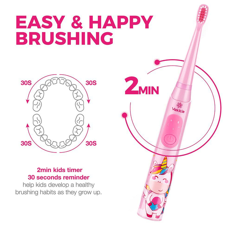 [Australia] - Vekkia Sonic Rechargeable Kids Electric Toothbrush, 3 Modes with Memory, Fun & Easy Cleaning, 24000 Strokes, IPX7 Waterproof, 2-Min Timer for Age 5+, 4 Soft Bristles(Pink) Pink 