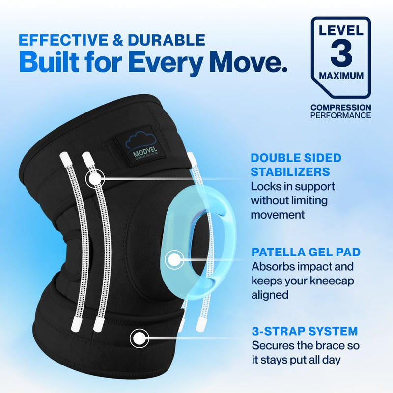 Modvel ELITE Knee Brace for Men & Women – Patella Gel Pads & Side Stabilizers for ACL, Meniscus Tear, Arthritis & Injury Recovery – Maximum Support for Running, Sports & Joint Pain Relief Small/Medium A Black 1
