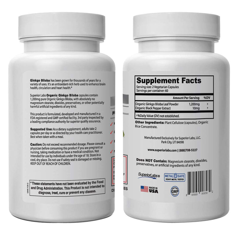 [Australia] - Superior Labs - Organic Ginkgo Biloba - 1200mg, 120 Vegetable Capsules - Added Black Pepper for Optimal Absorption - Supports Brain and Heart Health - Memory & Concentration - Circulation Support 