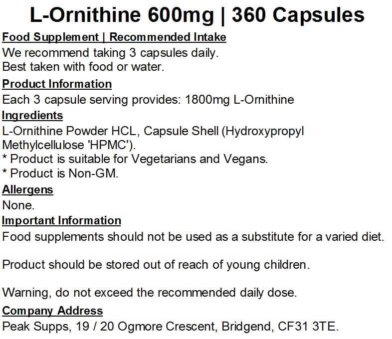 L-Ornithine 600mg Capsules | Pure No Fillers | Vegan (360) 360 count (Pack of 1)