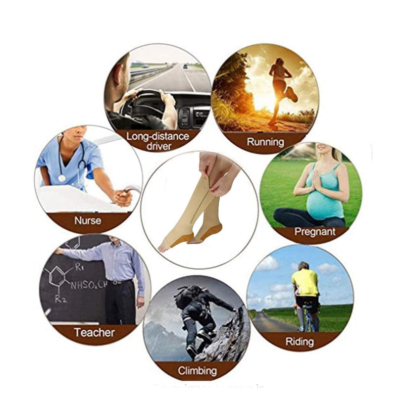 [Australia] - YUSHOW 3 Pairs of Compression Stockings Women Men Support Stockings with Zip 15-20 mmHg Medical Compression Socks Open Toe Compression Socks for Edema, Sports, Running L-XL Black and Brown and Gray Skin (3 Pairs) 