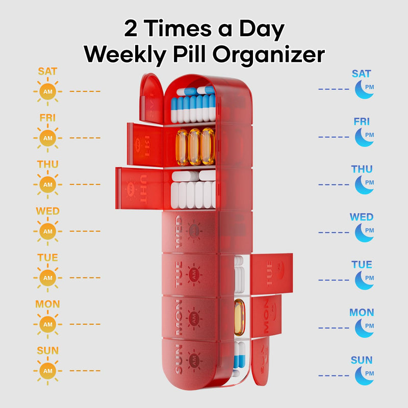 2 Layers Weekly Pill Organizer 2 Times a Day, Travel Medicine Pill Organizer, Pill Box Case 7 Day AM PM, Pill Container for Vitamins, Fish Oil, Supplements and Medication, Red