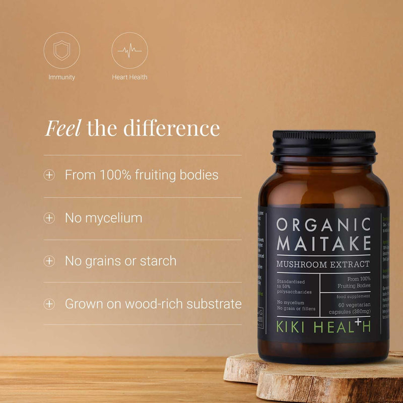 KIKI Health - Organic Maitake, Full-Spectrum Mushroom Extract - Standardised to 50% Polysaccharides - Made from 100% Fruiting Bodies - Natural Extract - 60 Veg Capsules