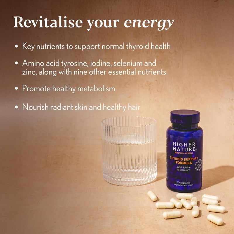 Higher Nature Thyroid Support Formula with Iodine, Selenium, Vitamin C, B12 & Iron - for Reduction of Tiredness & Fatigue - Vegan Thyroid Support Supplement for Women & Men - 60 Capsules