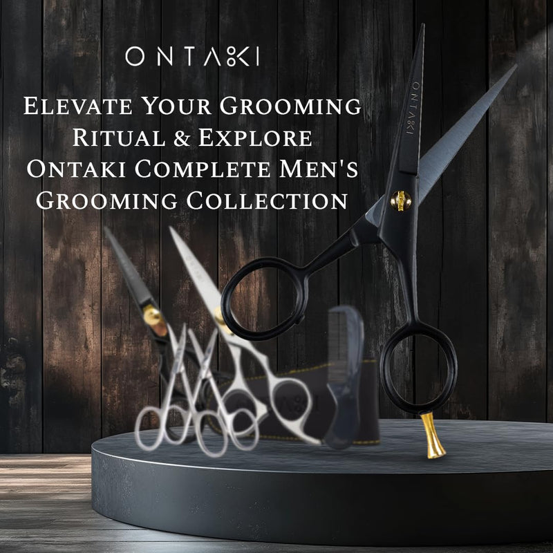 [Australia] - ONTAKI Professional German Steel Beard Scissors 5" Men's Mustache Scissors with Beard Comb and Carry Case Hand Forged Bevel Edge Precision Facial Hair - Black 