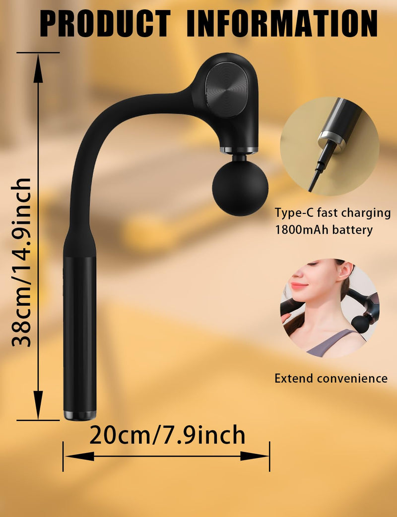 [Australia] - Deep Tissue Massage Gun with Bend Handle, 12MM Percussion, 4 Replaceable Heads, Less-Shock Design for Back, Neck, Foot, Leg, Shoulder 